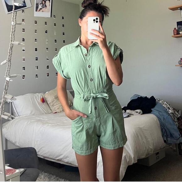 Zara Topstitched Romper Green Belt Tie Button Front Roll Tab Sleeve Collar Sz XL - Picture 4 of 12
